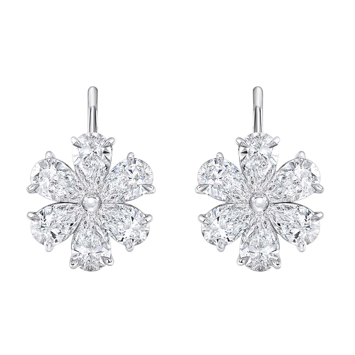 Rahaminov Pear Shaped Diamond Flower Drop Earrings in White Gold