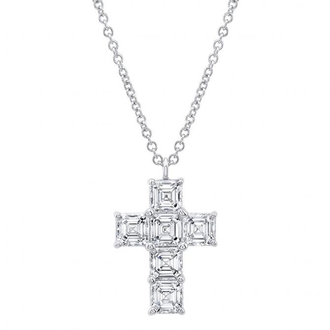 Rahaminov Square Step Cut Diamond Cross Necklace in White Gold, 18"