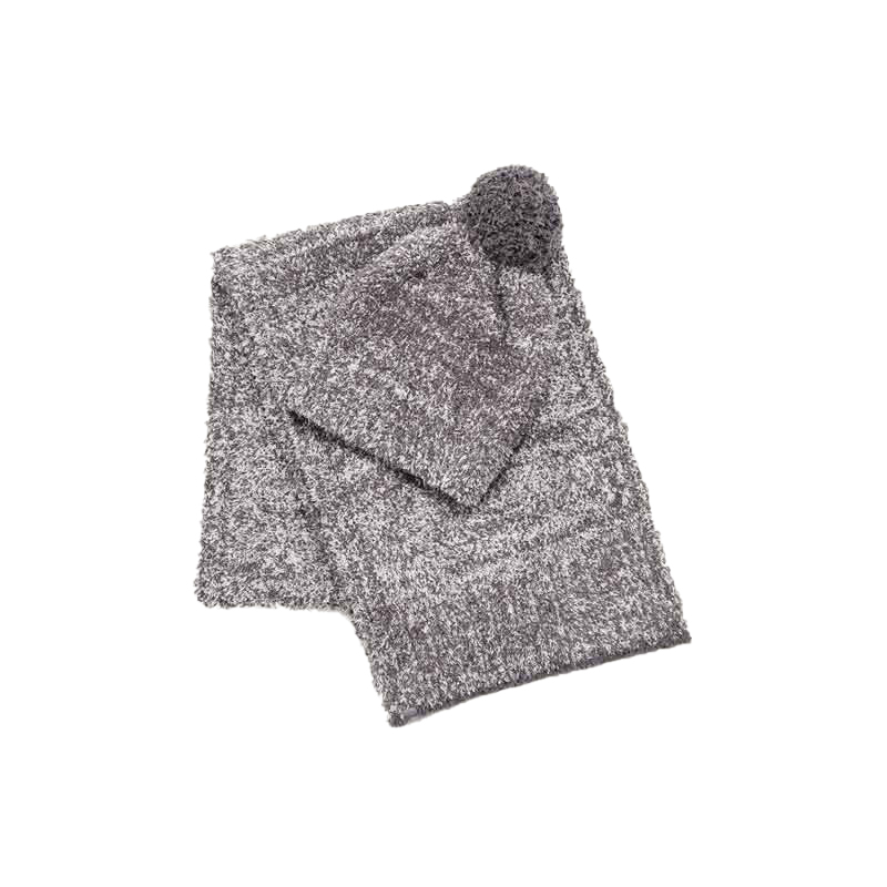 Barefoot Dreams CozyChic Pom Pom Beanie and Scarf Set, Heathered Ash and Dove Grey