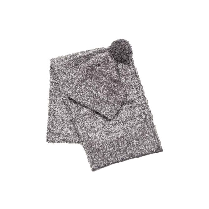 Barefoot Dreams CozyChic Pom Pom Beanie and Scarf Set, Heathered Ash and Dove Grey