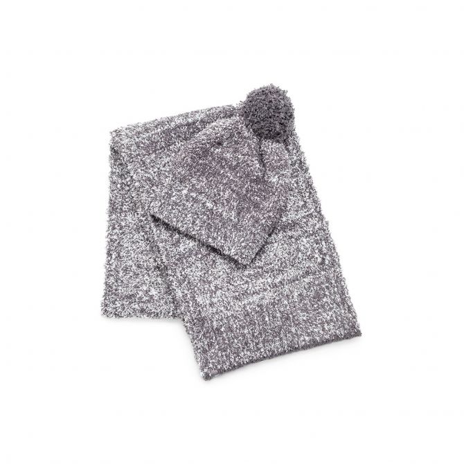 Barefoot Dreams CozyChic Pom Pom Beanie and Scarf Set, Heathered Ash and Dove Grey