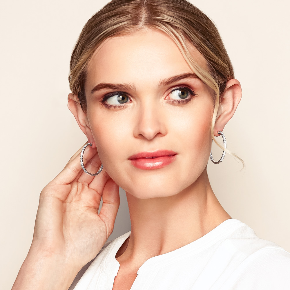 Diamond Inside Out Hoop Earrings in White Gold, 35 mm, 2.00 cttw
