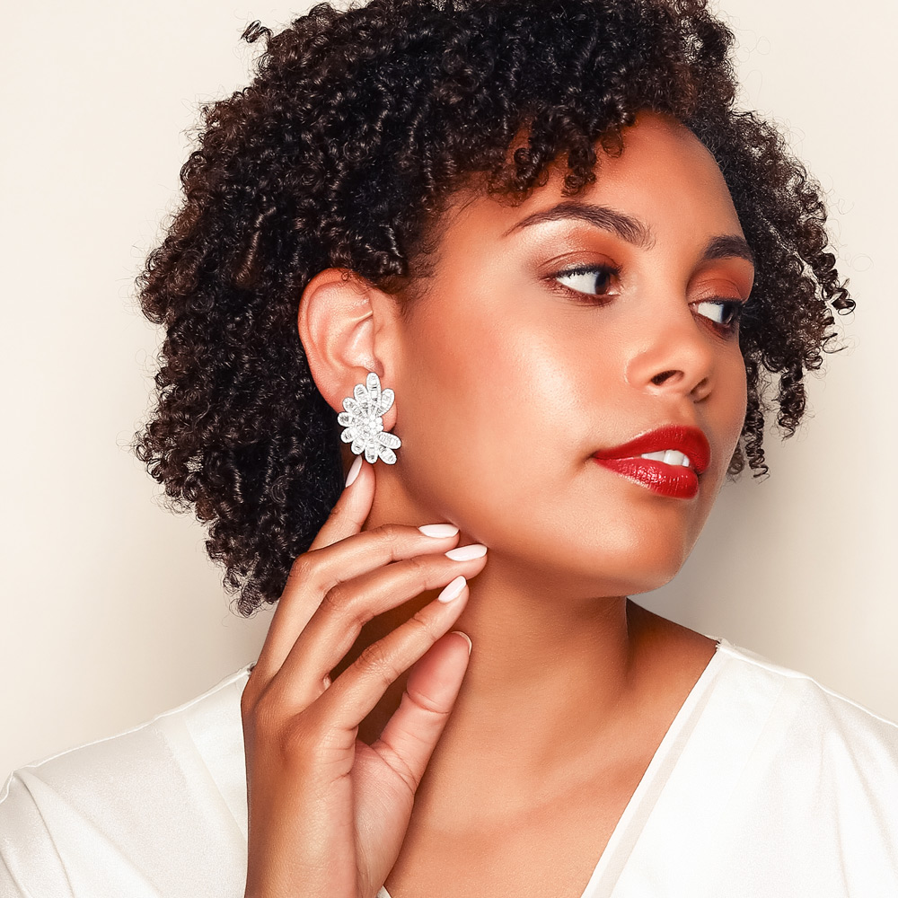 Diamond Flower Statement Post Earrings in White Gold