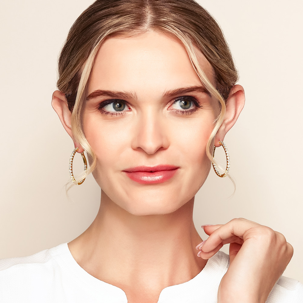 Diamond Inside Out Oval Hoop Earrings in Yellow Gold, 2.85 cttw