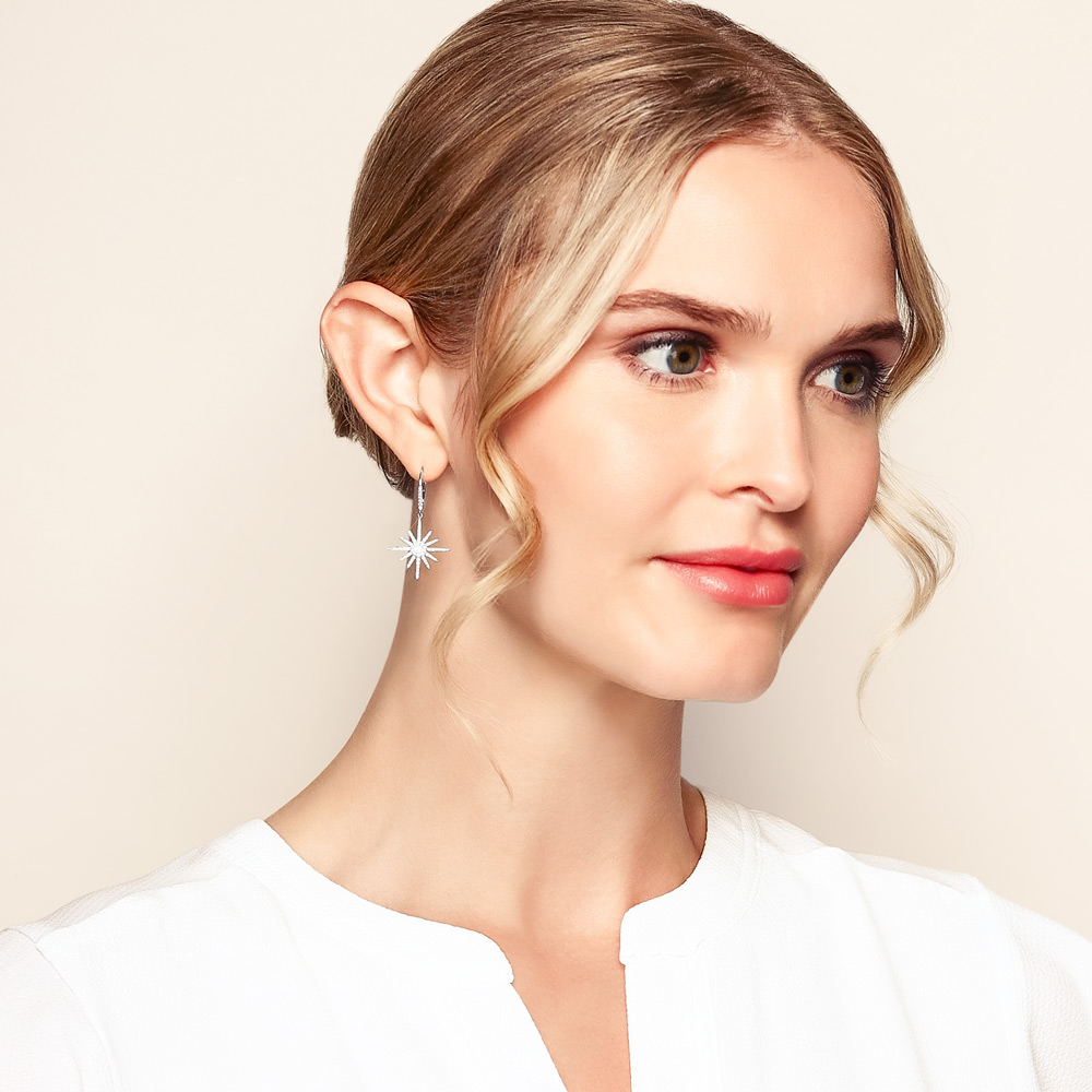 Diamond Pavé Starburst Dangle Earrings in White Gold