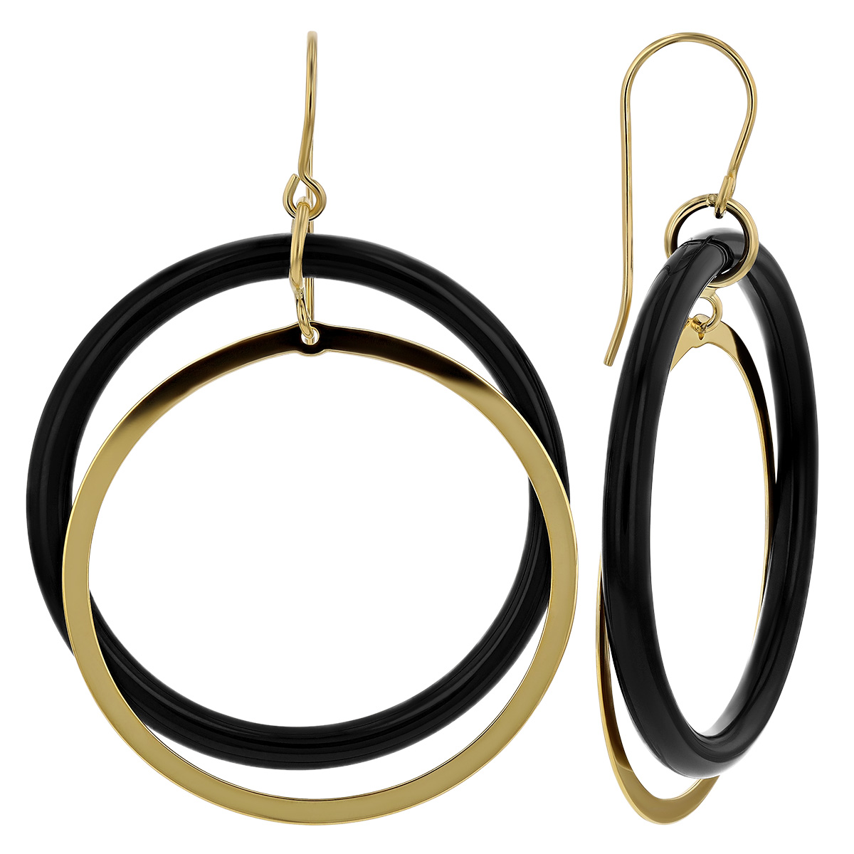 Black Onyx Chalcedony & Yellow Gold Double Circle Drop Earrings