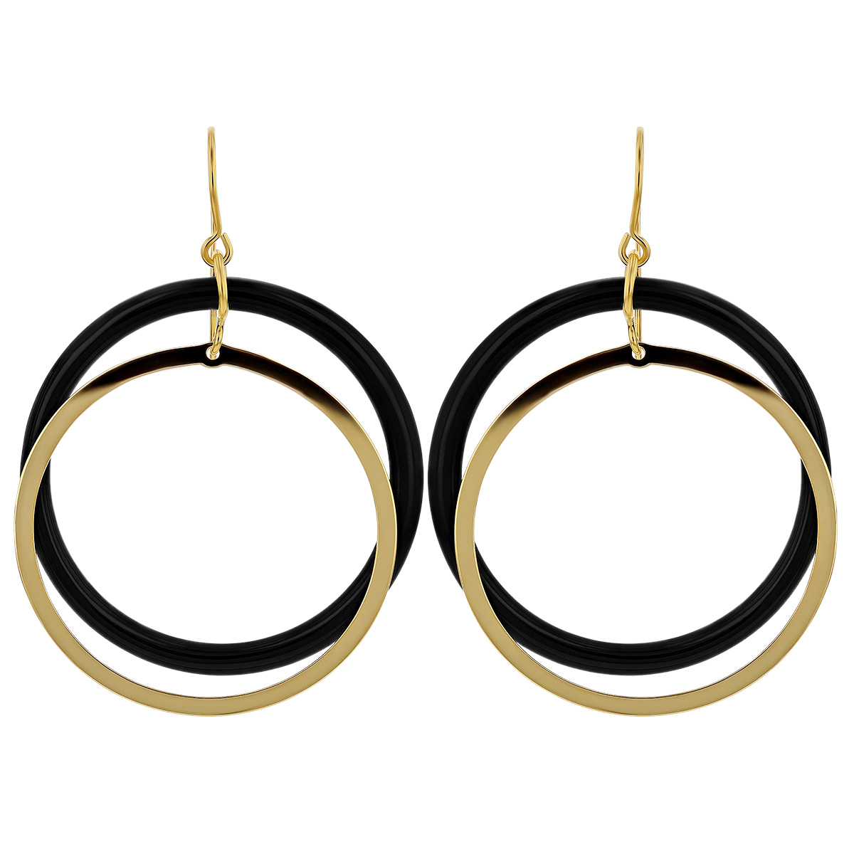Black Onyx Chalcedony & Yellow Gold Double Circle Drop Earrings