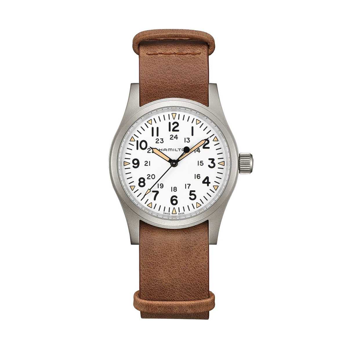 Hamilton Khaki Field Mechanical 38mm Men's Watch, White Dial and Standard Brown Leather Strap