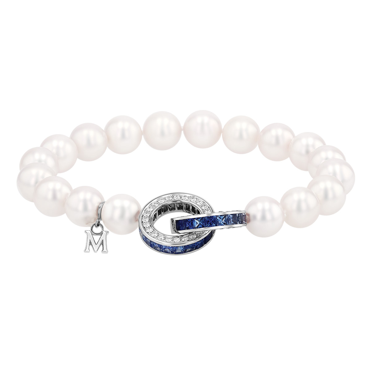 Mikimoto Ocean Akoya Cultured Pearl Strand Bracelet with Sapphire & Diamond Ring Clasp