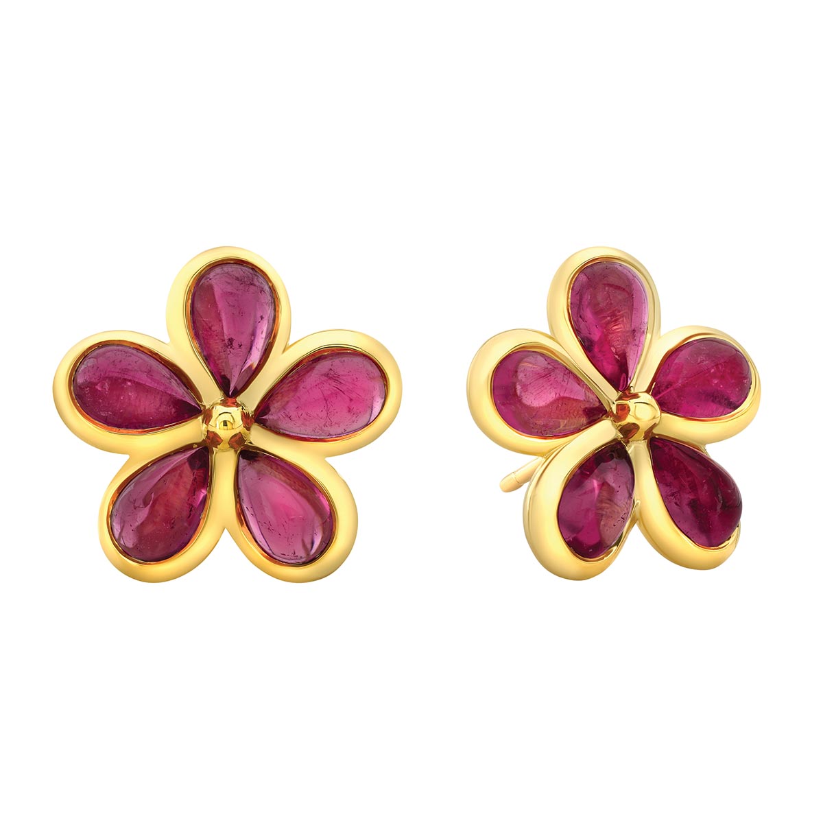 Rahaminov Pink Tourmaline Cabochon Flower Earrings in Yellow Gold