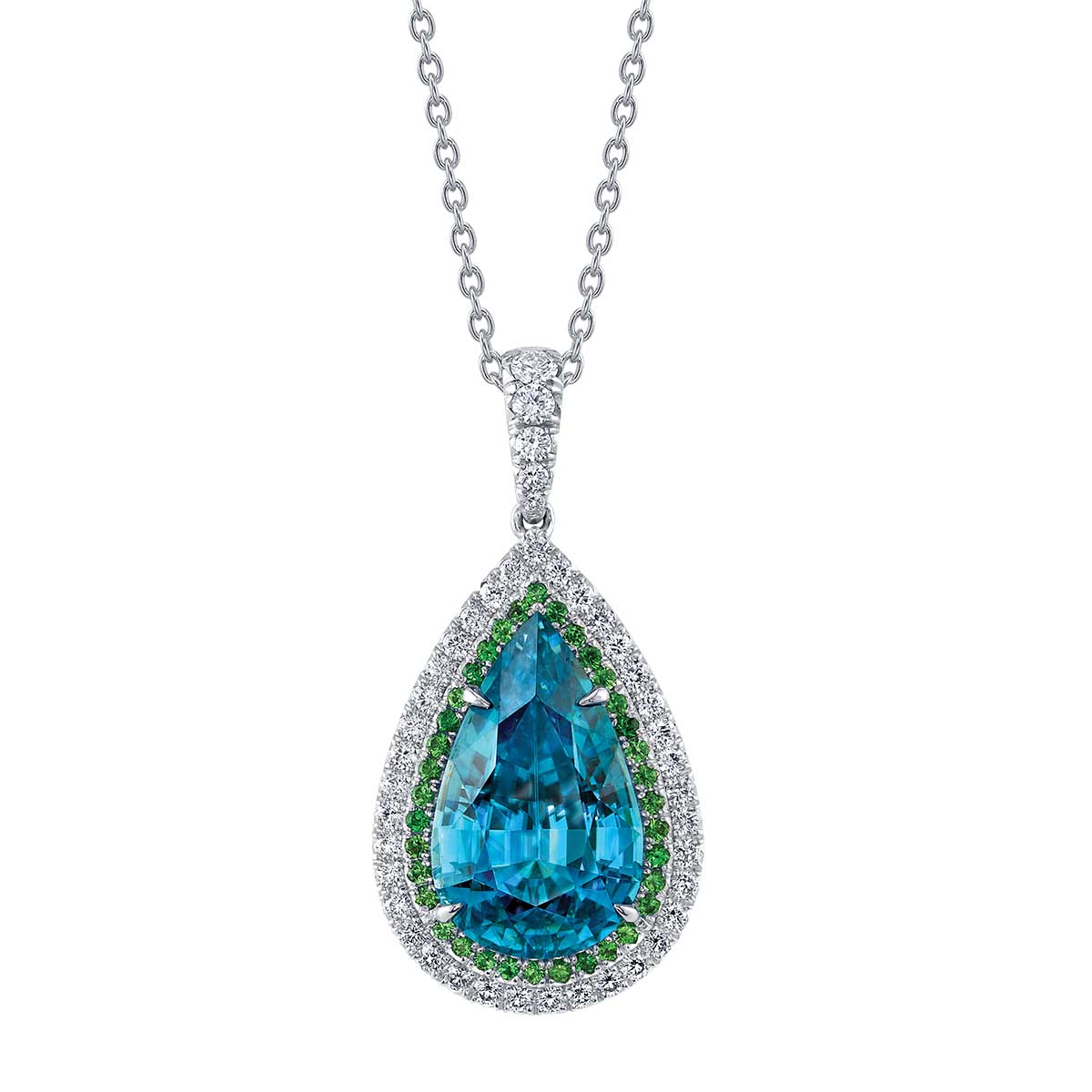 OMI Prive Dore Pear Shaped Zircon, Tsavorite Garnet & Diamond Halo Pendant in Platinum, 18