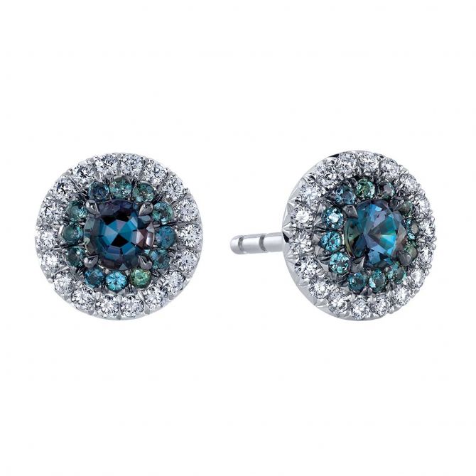 Omi Prive Duet Alexandrite & Diamond Double Halo Stud Earrings in Platinum