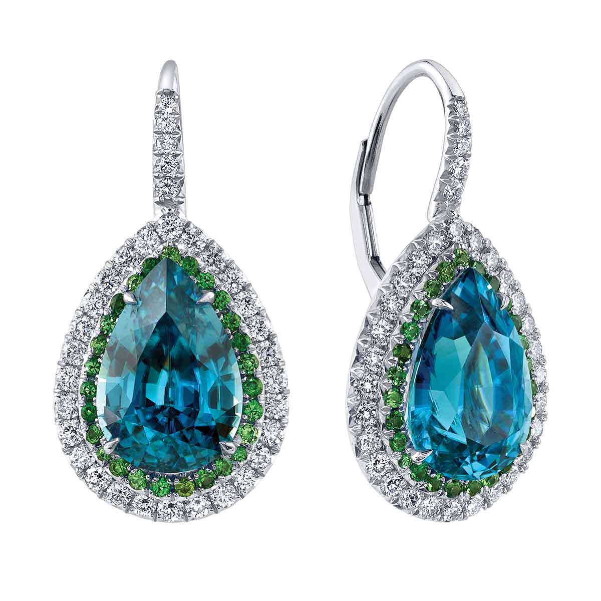 Omi Prive Dore Pear Shaped Zircon, Tsavorite Garnet & Diamond Halo Drop Earrings in Platinum