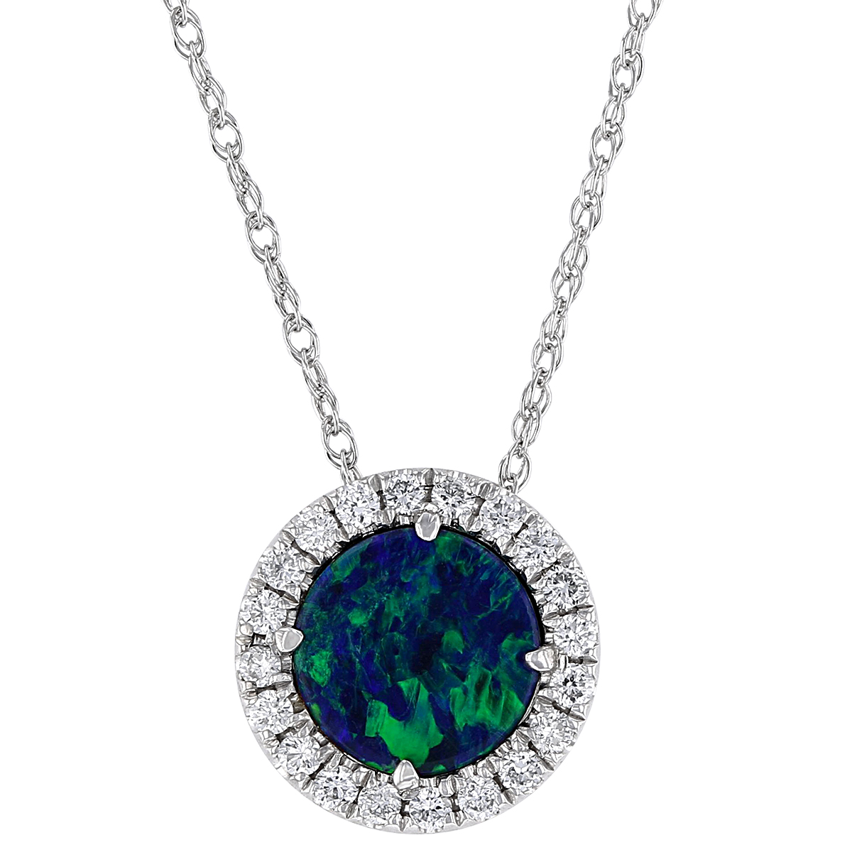 Opal Doublet & Diamond Halo Round Necklace in White Gold, 18