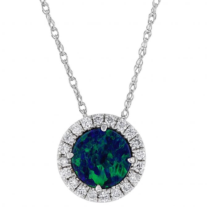 Opal Doublet & Diamond Halo Round Necklace in White Gold, 18"