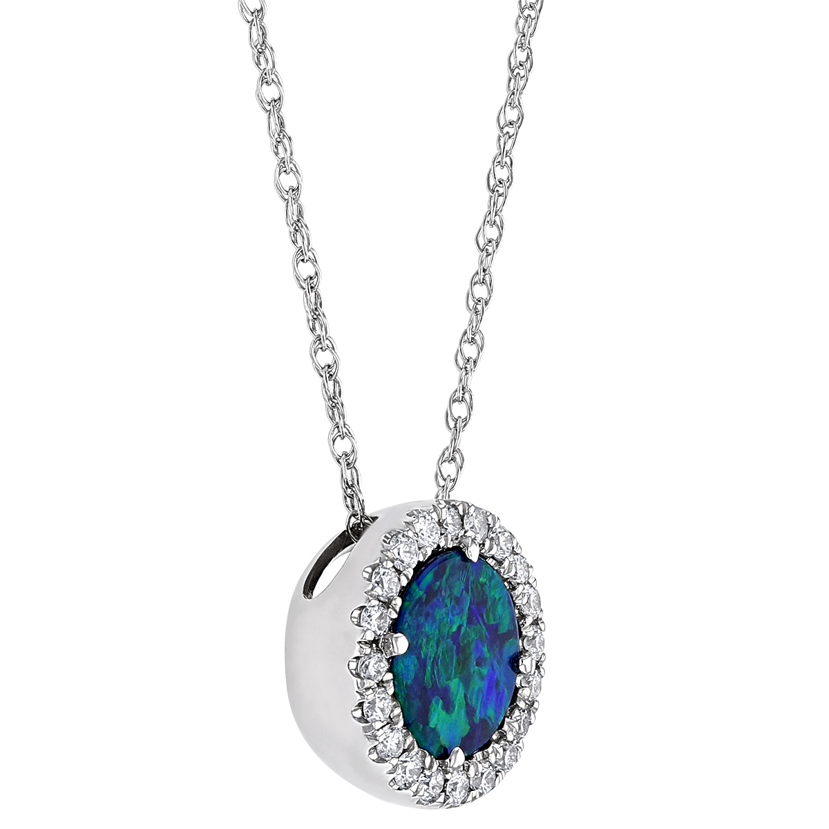 Opal Doublet & Diamond Halo Round Necklace in White Gold, 18