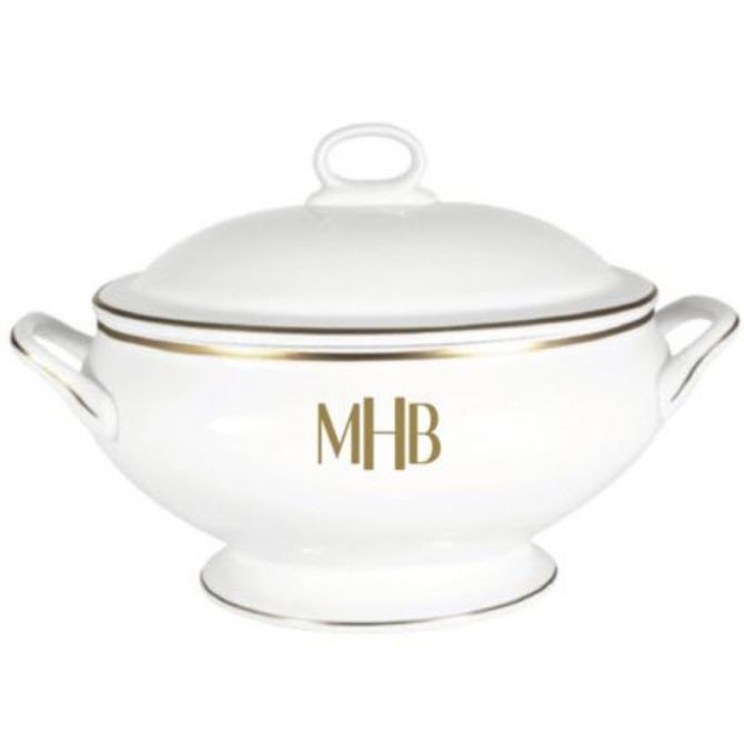 Pickard Signature Ivory Gold Monogrammed Covered Vegetable Bowl