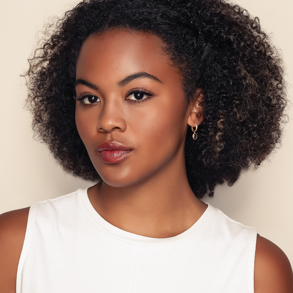 Oval Amethyst Bezel Set Dangle Huggie Earrings in Satin Yellow Gold with Diamonds