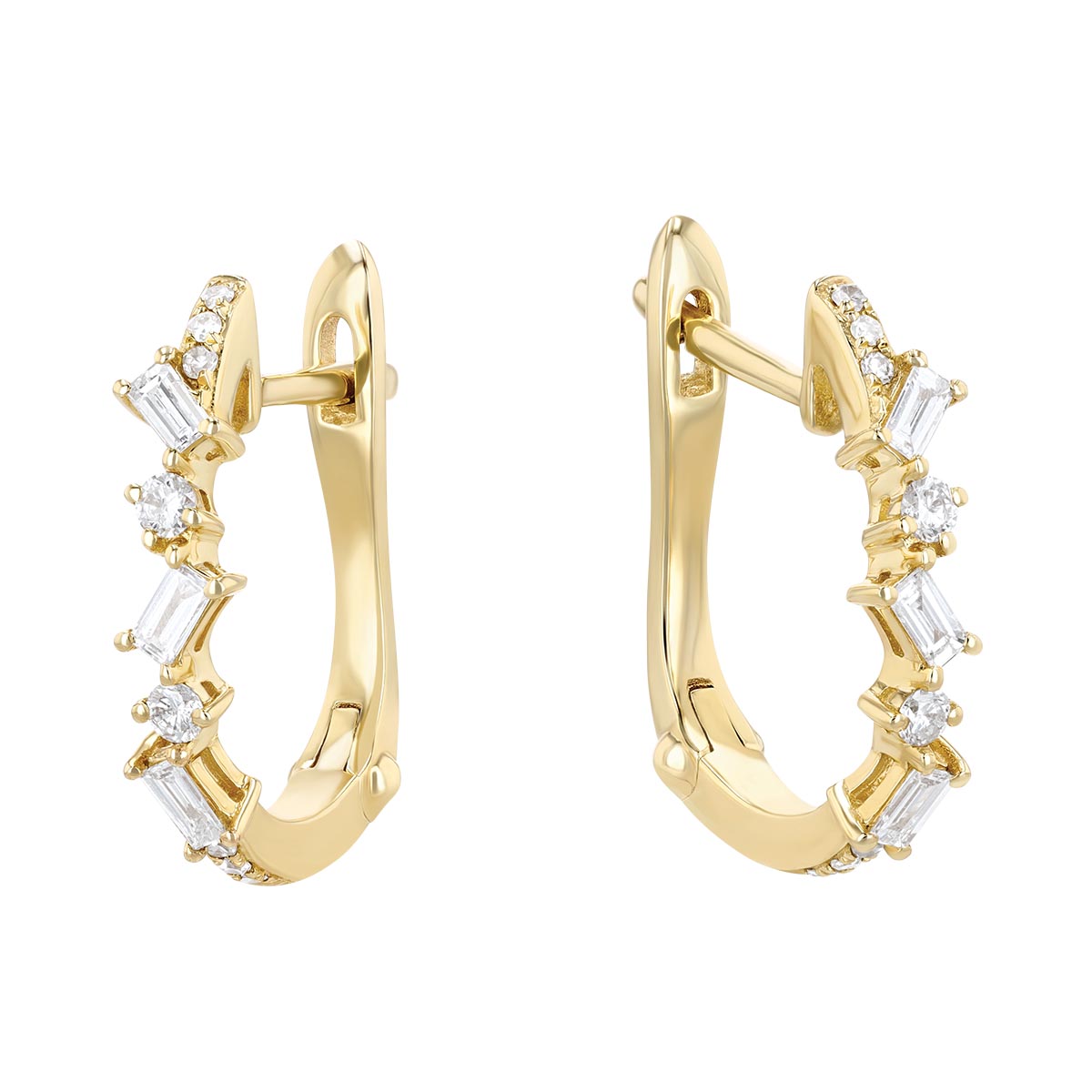 Mixed Shape Diamond J Hoop Earrings in Yellow Gold
