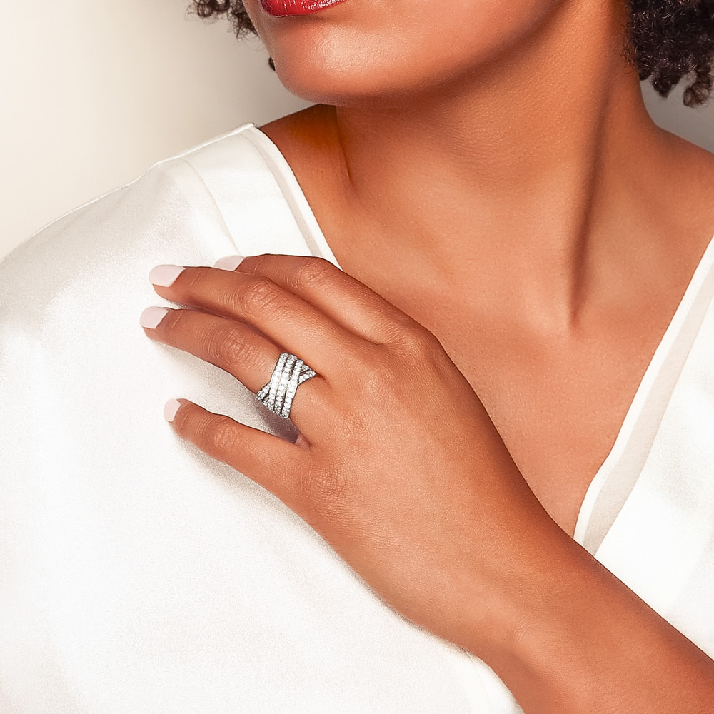 Diamond 5 Row Crossover Ring in White Gold