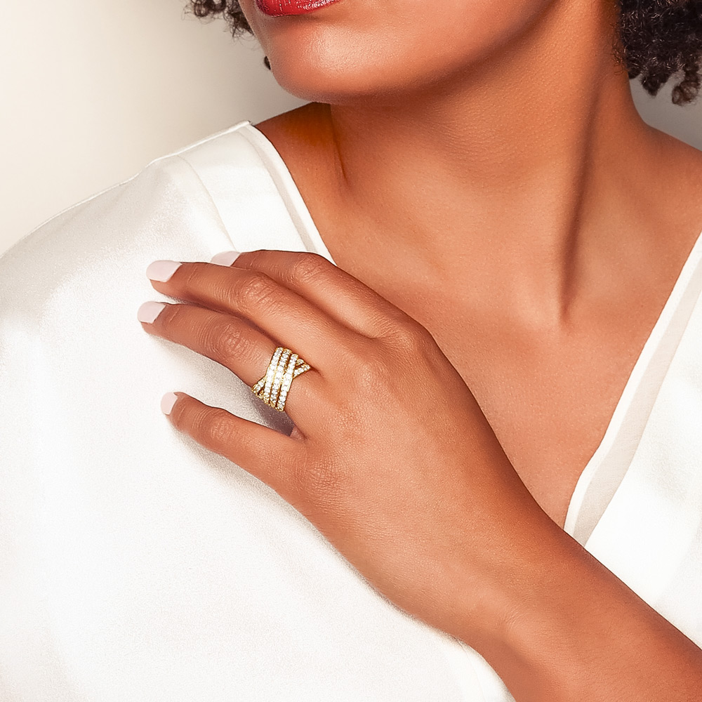 Diamond 5 Row Crossover Ring in Yellow Gold