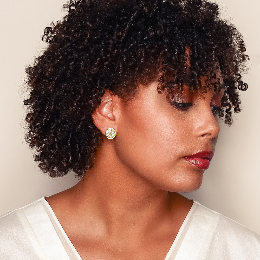 Oval Yellow Diamond Cluster & White Diamond Scalloped Halo Stud Earrings in White Gold