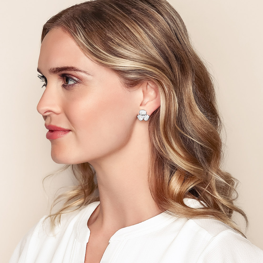 Diamond Pave 3 Petal Flower Stud Earrings in White Gold