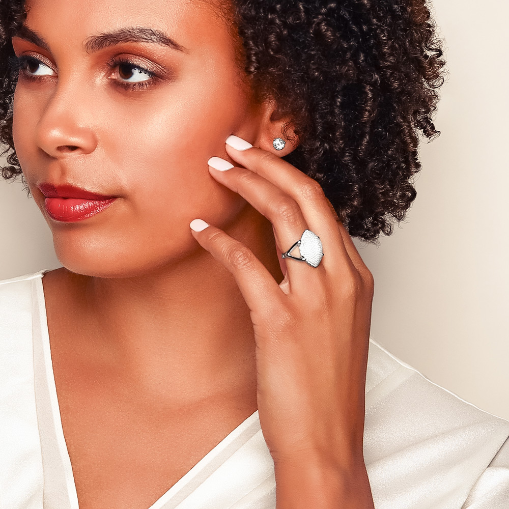 Diamond Pave Marquise Shaped Dome Split Shank Ring in White Gold