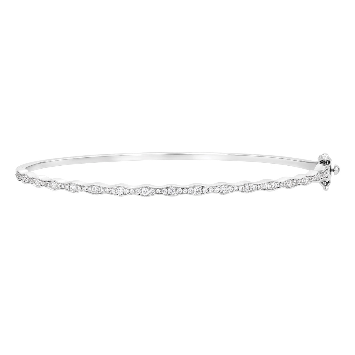 Graduated Diamond Scalloped Edge Bangle Bracelet in White Gold
