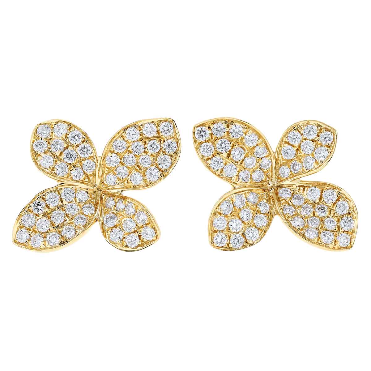Diamond Pave 4 Petal Flower Post Earrings in Yellow Gold