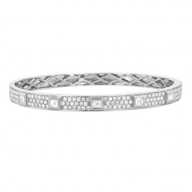 Bezel Set Asscher & Round Diamond Pave Bangle Bracelet in White Gold