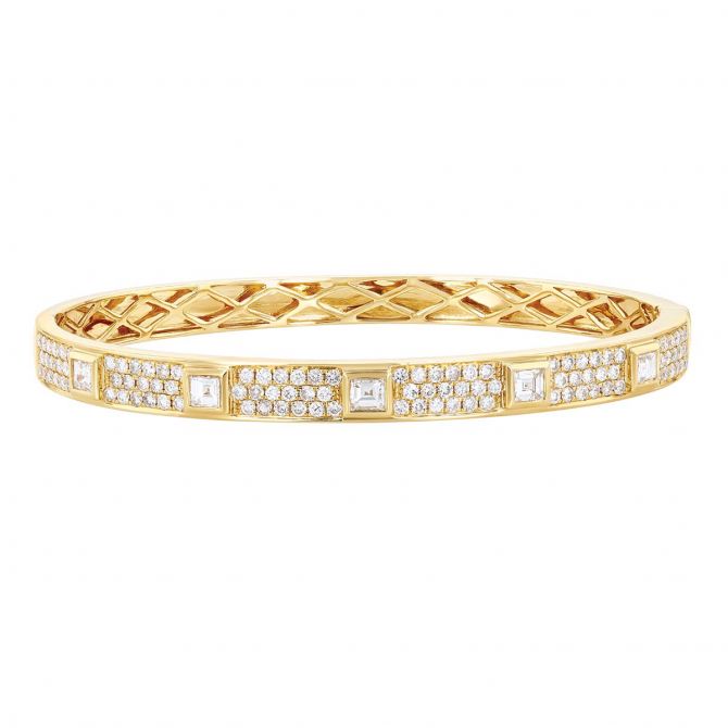 Bezel Set Asscher & Round Diamond Pave Bangle Bracelet in Yellow Gold