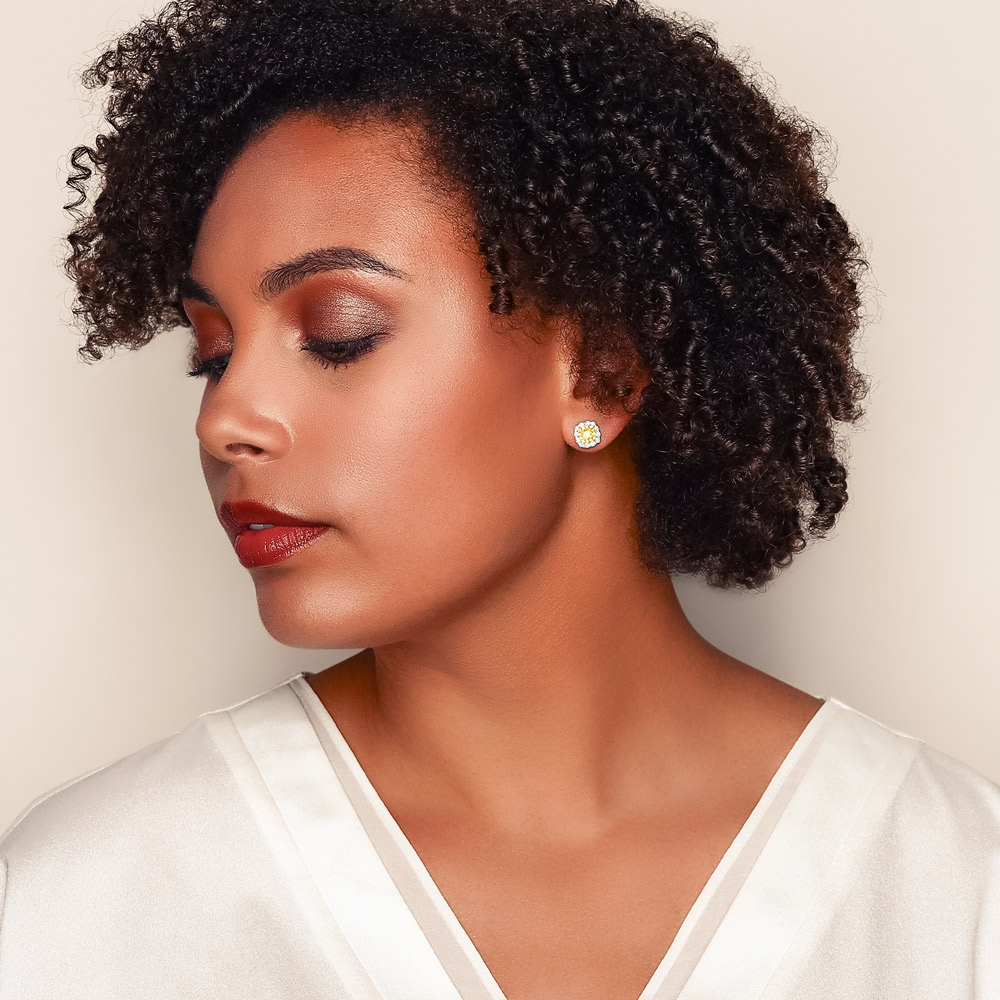 Fancy Yellow Diamond Double Halo Stud Earrings in White Gold