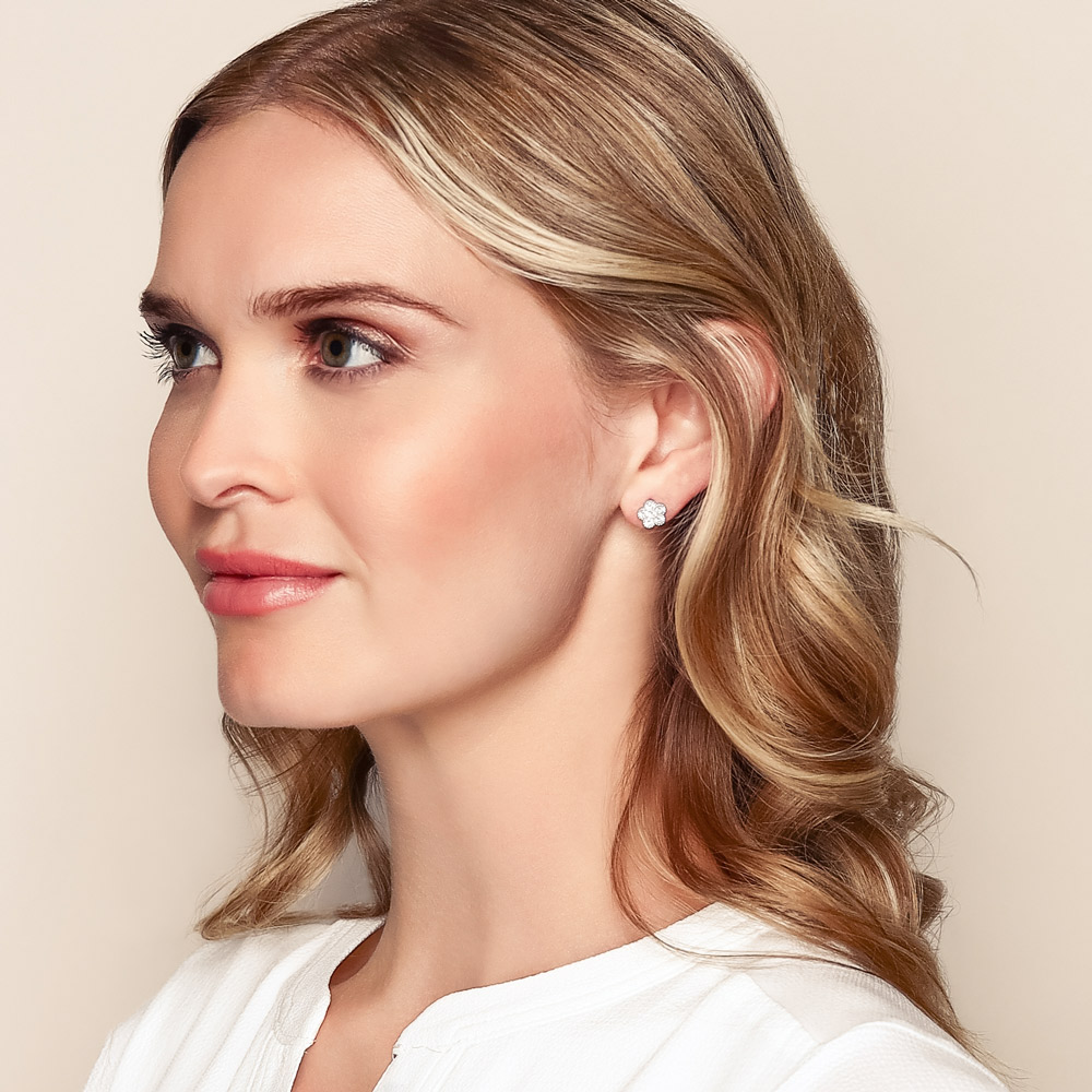 Diamond Petite Flower Stud Earrings with Milgrain in White Gold