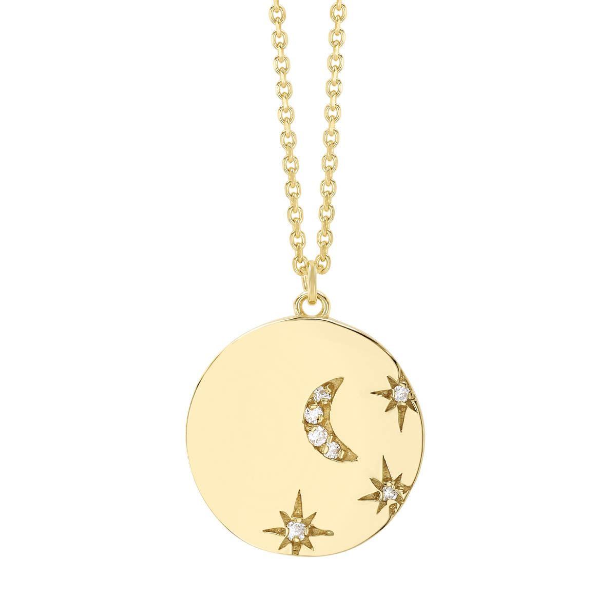 Diamond Flush Set Moon & Star Circle Pendant in Yellow Gold, 18