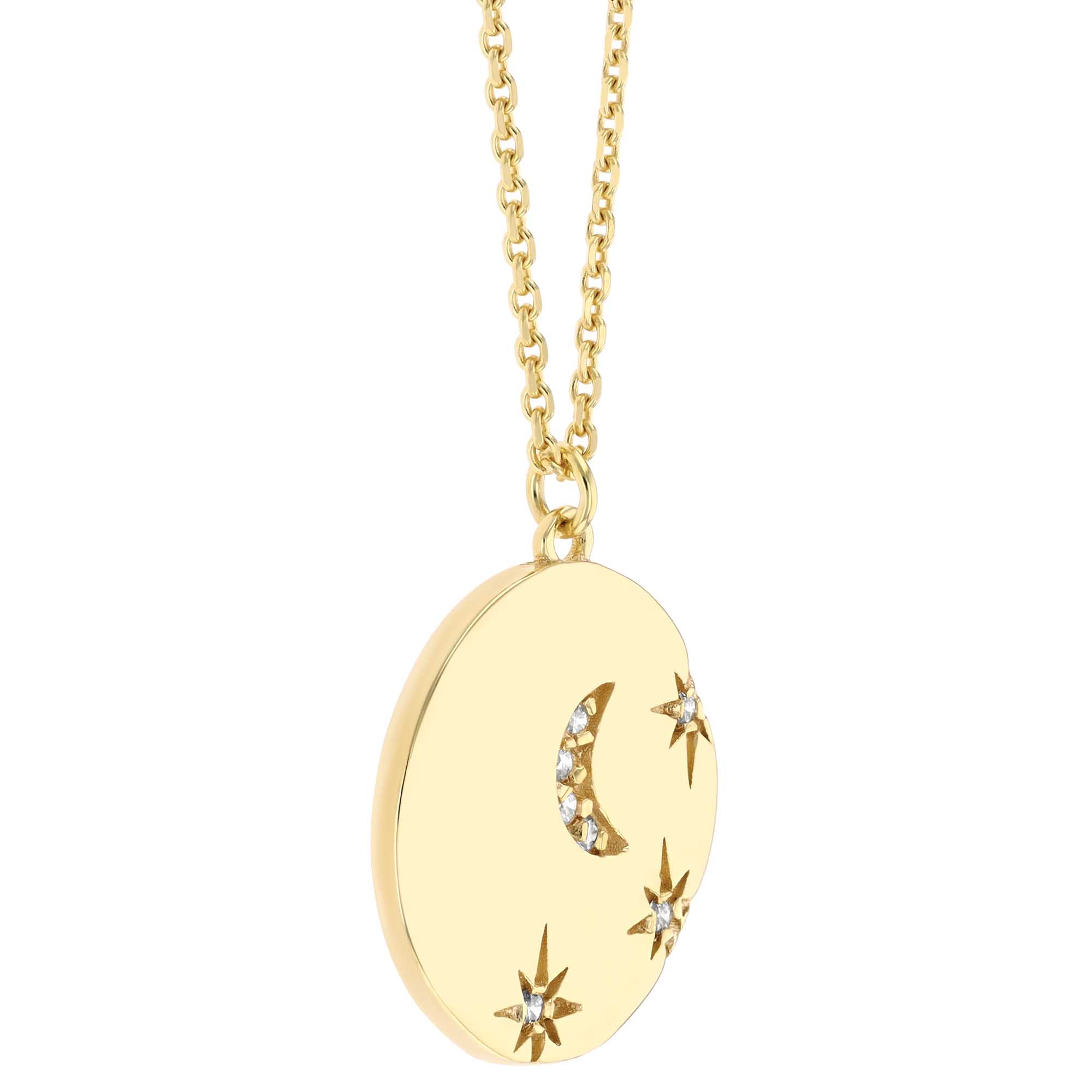 Diamond Flush Set Moon & Star Circle Pendant in Yellow Gold, 18