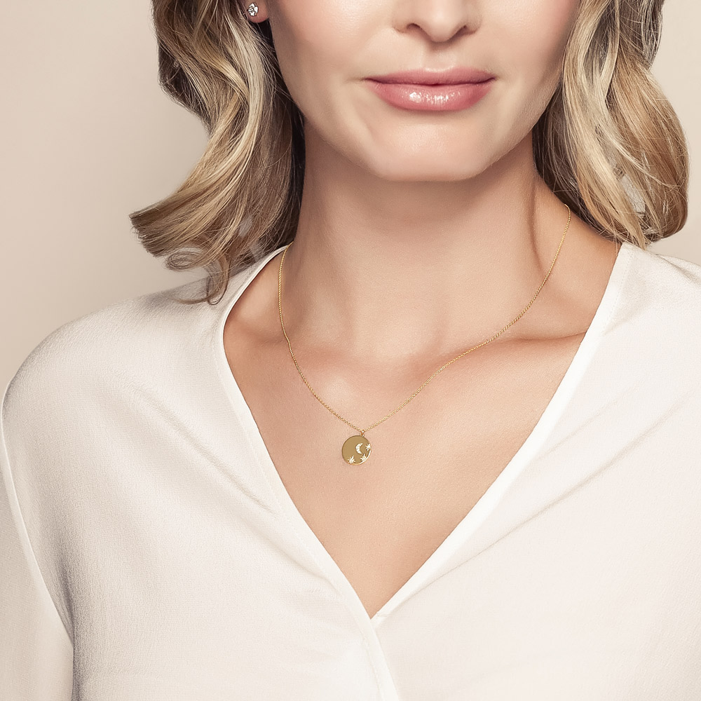Diamond Flush Set Moon & Star Circle Pendant in Yellow Gold, 18