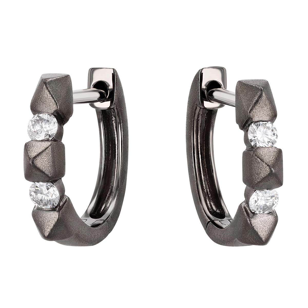 Diamond & Small Spike Pattern Huggie Hoop Earrings in Black Rhodium