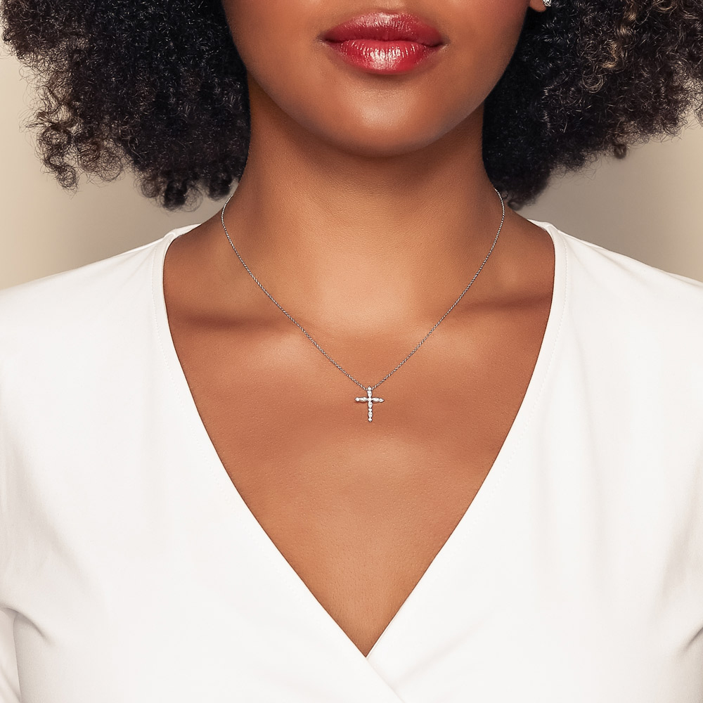 Diamond Cross Necklace in White Gold, 0.16 cttw