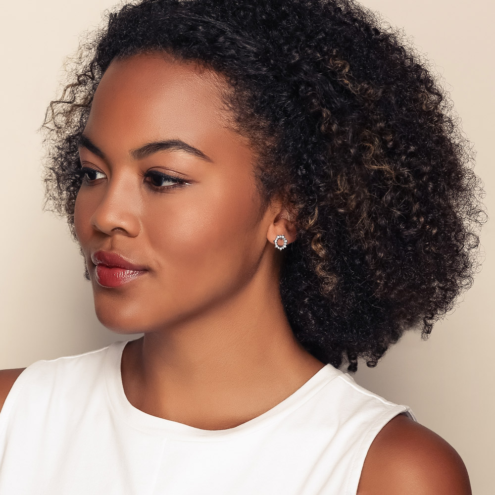 Diamond Open Starburst Circle Post Earrings in White Gold