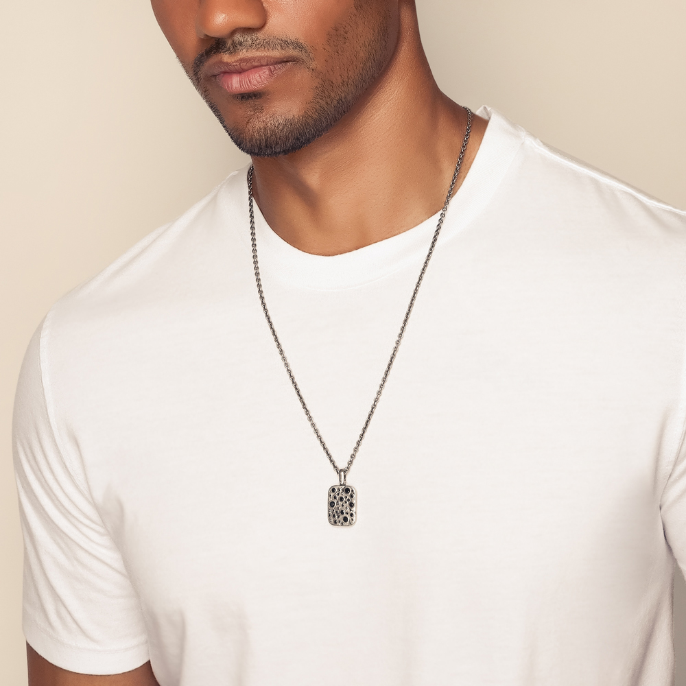 John Varvatos Black Diamond Dog Tag Pendant in Sterling Silver, 24