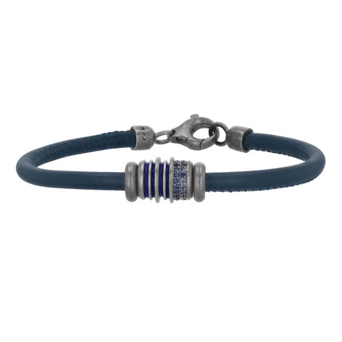 Marco Dal Maso Acies Roller Sapphire & Blue Enamel Bracelet in Sterling Silver & Blue Leather, 8"