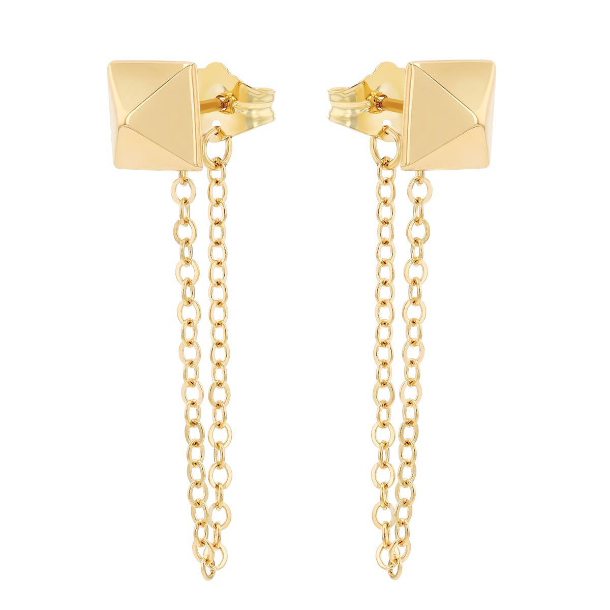 Yellow Gold Pyramid & Chain Front-to-Back Stud Earrings