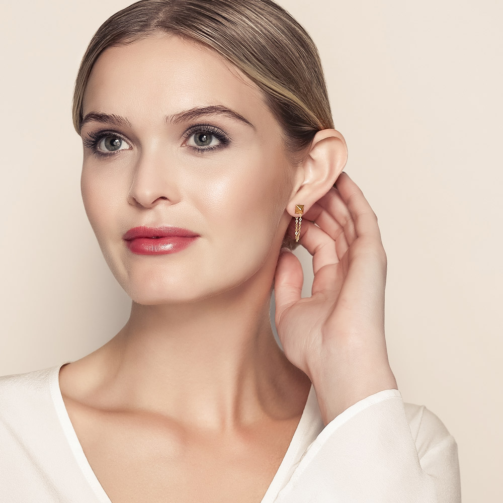 Yellow Gold Pyramid & Chain Front-to-Back Stud Earrings