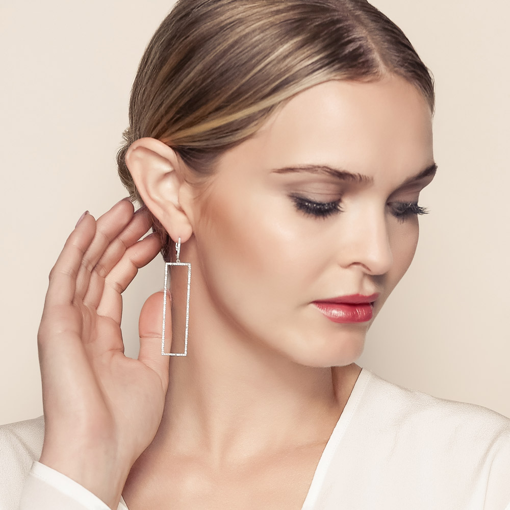 Diamond Long Open Rectangle Huggie Dangle Earrings in White Gold