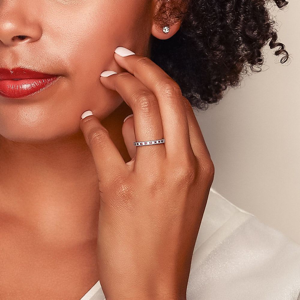 Round Ruby & Diamond Alternating Channel Set Milgrain Ring in White Gold