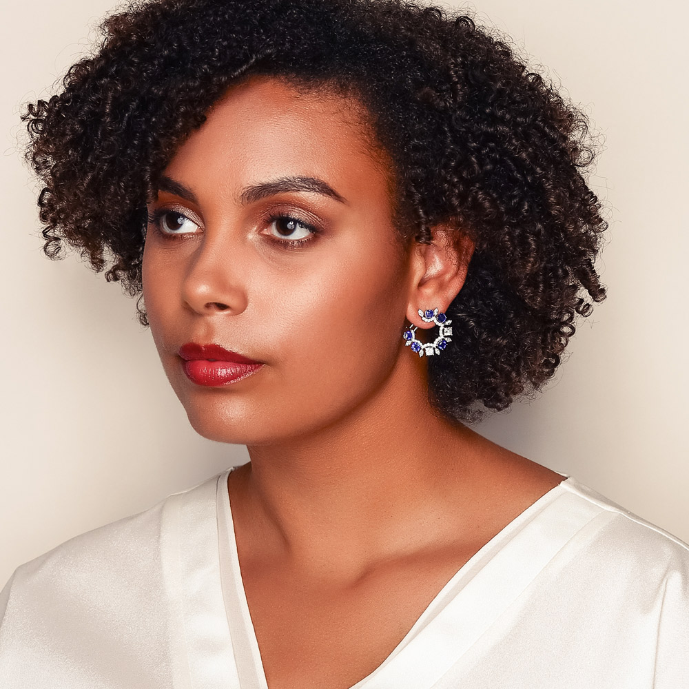 Sapphire & Diamond Open Star Post Earrings in White Gold