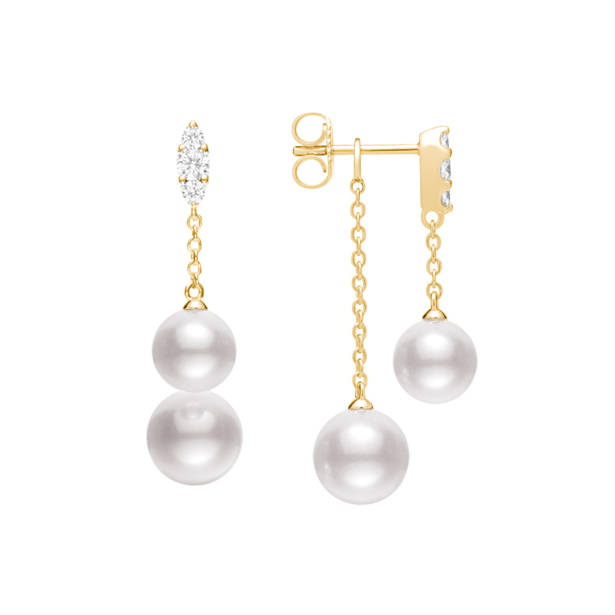 Mikimoto Akoya Cultured Pearl & Diamond Front-to-Back Drop Earrings in Yellow Gold