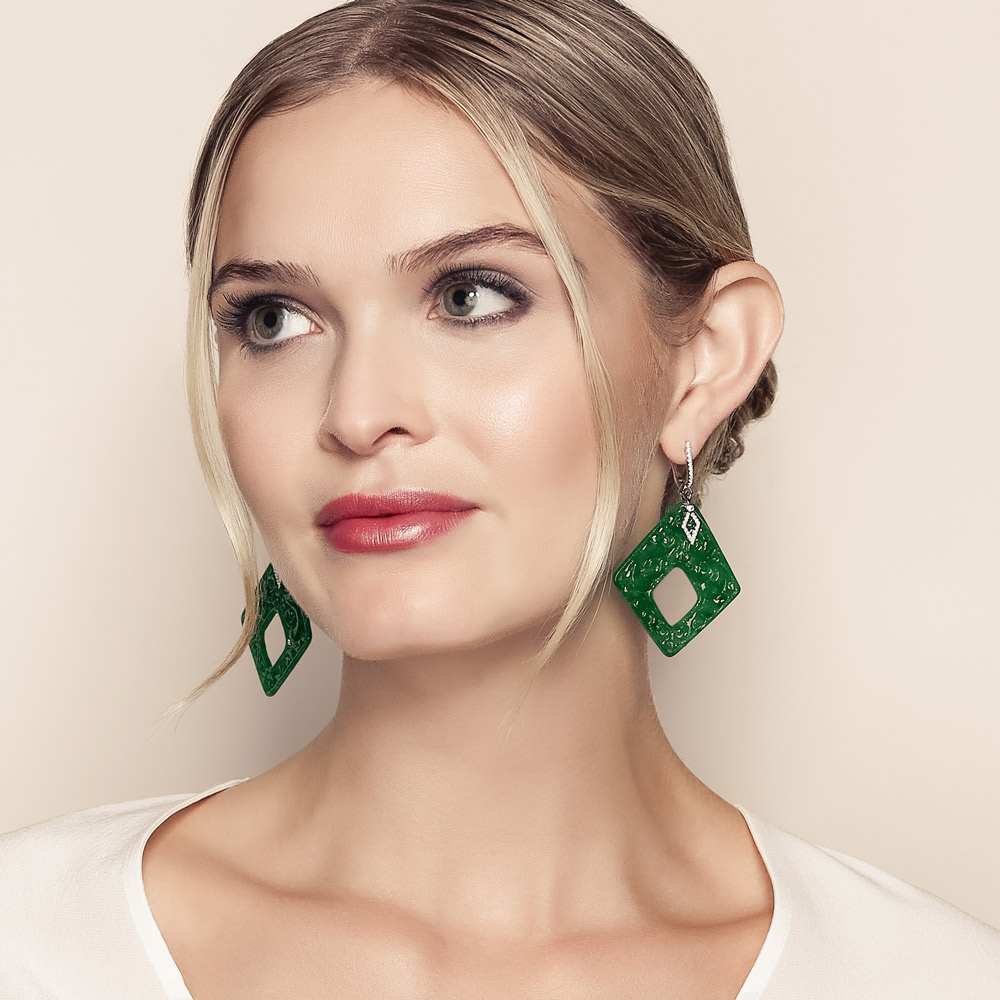 Frederic Sage Green Jade & Diamond Rhombus Drop Earrings in White Gold