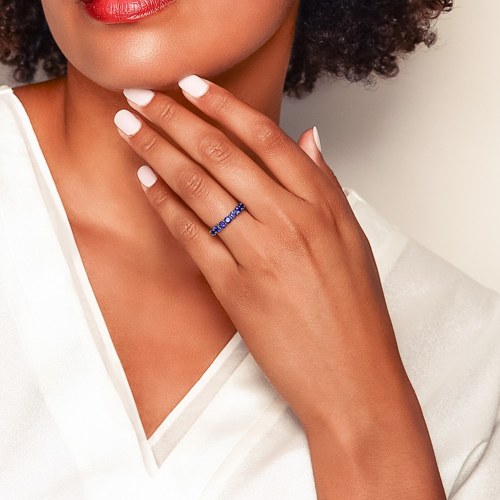 Sapphire 7 Stone Shared Prong Band Ring in White Gold